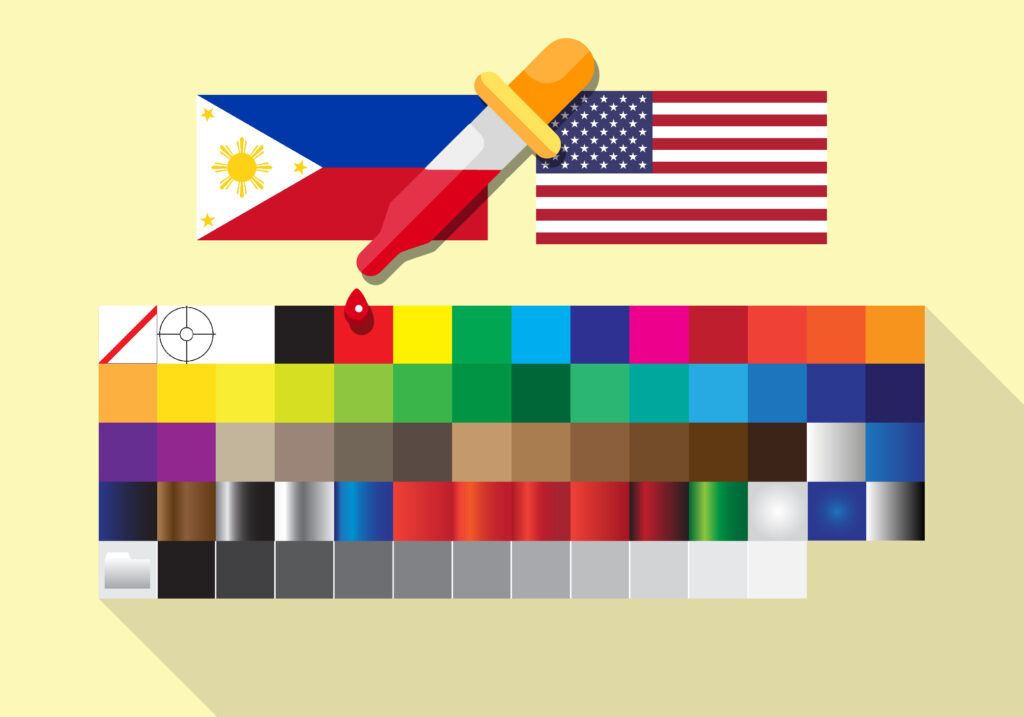 A large digital color palette with an eye dropper tool extracting the color red. Next to that, the flag of the Philippines and the flag of the United States.