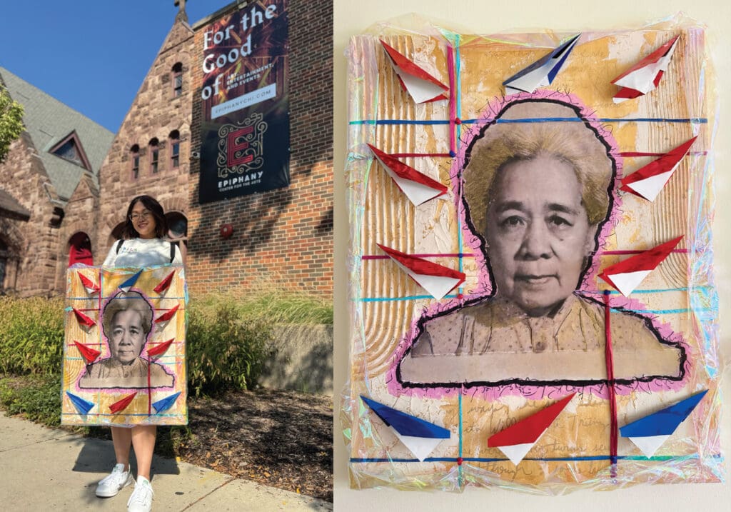 Filipino American Art. Artist Aireen Arellano holding her art piece titled, 'Destination: Prosperity' in front of the Epiphany Center for the Arts in Chicago.