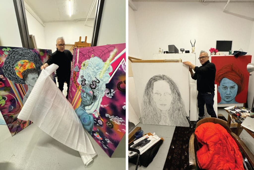 Filipino American Art. Artist Cesar Conde at his studio in Chicago. Filipino American History Month.
